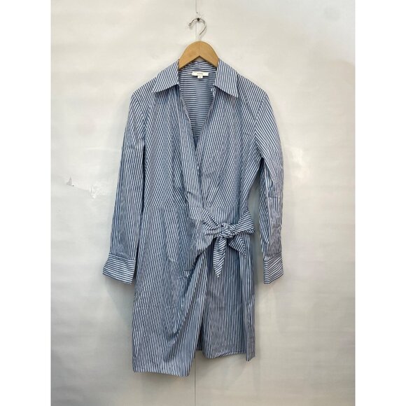 Vince Women's Furrow Stripe Wrap Shirt Dress Blue White Collared Size Small - Picture 3 of 9